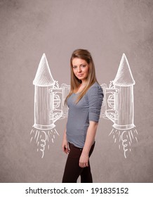 Cute Young Girl With Jet Pack Rocket Drawing Illustration