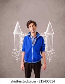 Cute Young Man With Jet Pack Rocket Drawing Illustration