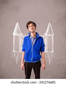 Cute Young Man With Jet Pack Rocket Drawing Illustration