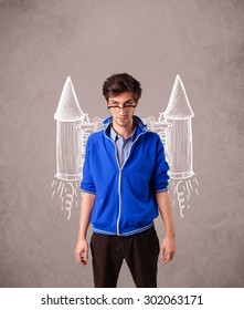 Cute Young Man With Jet Pack Rocket Drawing Illustration