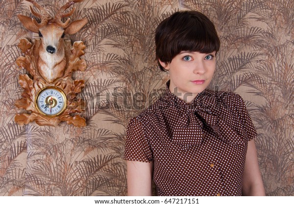 Cute Young Model Short Hair Poses Vintage Beauty Fashion Stock