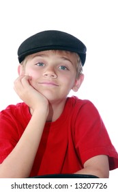 Cute Young Tween Boy Wearing Paperboy Cap And Red Shirt, Isolated On White.