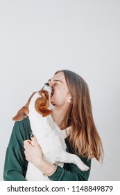 Cute Young Woman Hugs Her Puppy Jack Russell Terrier Dog. Dog Kisses A Girl. Love Between Dog And Owner. Isolated On White Background. Studio Portrait.