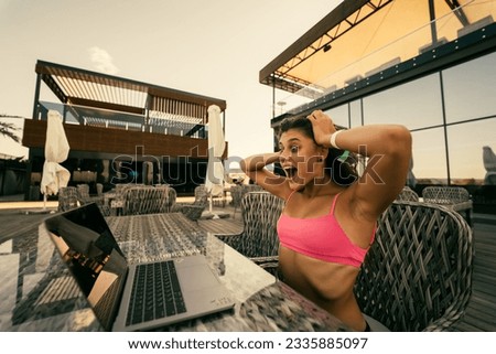 Similar – woman sitting with mixing table, in the terrace