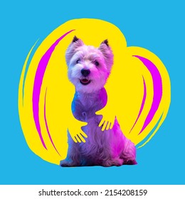 Cuteness. Contemporary art collage with beautiful cute dog that is hugged by drawn human hands against blue color background with drawn yellow heart. Concept of care, love, vet, ad - Shutterstock ID 2154208159
