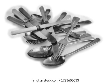 Cutlery, Knife, Fork And Spoon On A Light Background, This Black And White Photo Was Taken With A Pinhole Film Camera, Which Corresponds To The Camera Characteristic