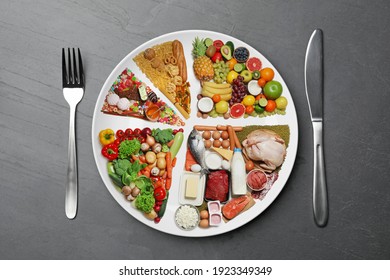 Cutlery Near Plate With Different Products On Grey Table, Flat Lay. Balanced Food