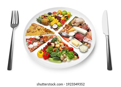 Cutlery Near Plate With Different Products On White Background. Balanced Food