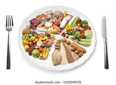 Cutlery Near Plate With Different Products On White Background. Balanced Food