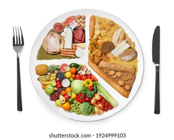 Cutlery Near Plate With Different Products On White Background, Top View. Balanced Food