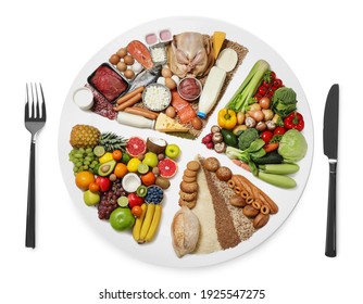 Cutlery Near Plate With Different Products On White Background, Top View. Balanced Food