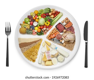 Cutlery Near Plate With Different Products On White Background, Top View. Balanced Food