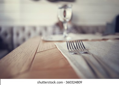 Cutlery On The Table In A Restaurant Table Setting, Knife, Fork, Spoon, Interior