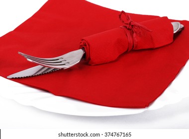 cutlery in a red napkin for san valentine