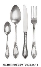 Cutlery Set With Vintage Fork, Knife And Spoons, Isolated On White