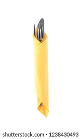 Cutlery Wrapped In Paper Napkin On White Background, Top View