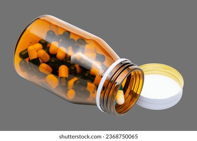 Cutout Amber Glass Bottle and Medicine Pill on grey Transparent background - Shutterstock ID 2368750065