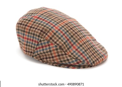 Cutout Of A Checked Houndstooh Tweed Hunting Hat Or Flat Cap.