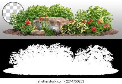 Cutout garden design. Flower bed isolated on transparent background via an alpha channel. Flowering shrub and stones for landscaping. Decorative green plants and flowers. High quality clipping mask. - Shutterstock ID 2244750253