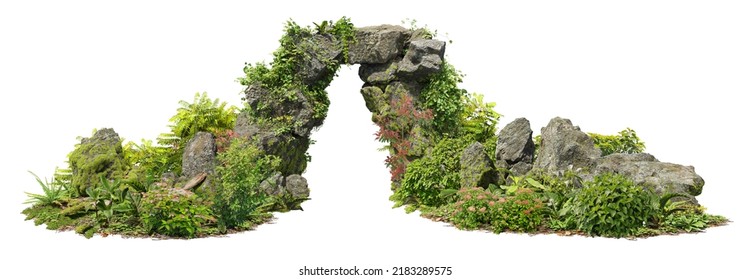 Cutout natural rock arch in the forest.
Stone arch isolated on white background. Cave entrance made of old boulder with moss. 