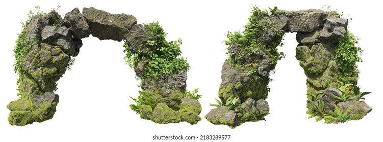 Cutout natural rock arch in the forest.
Stone arch isolated on white background. Cave entrance made of old boulder with moss. 