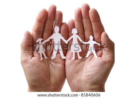 Cutout paper chain family with the protection of cupped hands, concept for security and care
