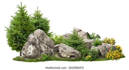 Cutout rock surrounded by fir trees and flowers. Garden design isolated on white background. Decorative shrub for landscaping. High quality clipping mask for professionnal composition