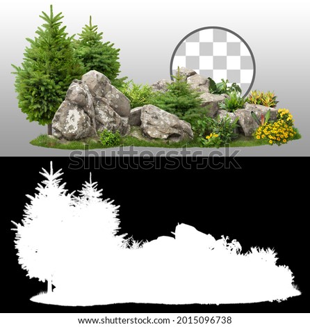 Cutout rock surrounded by trees. Stones in forest isolated on transparent background via an alpha channel. Decorative shrub for landscaping. High quality clipping mask for professionnal composition