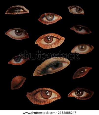 Cutout women's eyes from vintage 90's magazine collection of different designs isolated on black background