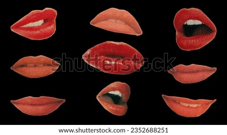 Cutout women's mouths from vintage 90's magazine collection of different designs isolated on black background
