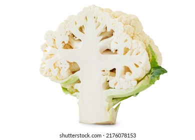 Cutted In Half Cauliflower Cabbage Vegetable Isolated On A White Background, Superfoods And A Diet Of Cruciferous Vegetables For Health And Weight Loss