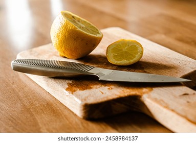 Cutted lemons and silver knife over wooden cutting board background with fresh whole lemon.. High quality photo - Powered by Shutterstock