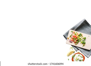 Cutting Board Or Chopping Board And Dish Towel Isolated On White Copy Space Food Flat Lay Background From Above