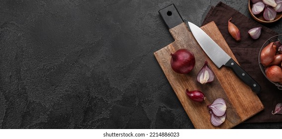 Cutting Board With Red Onion And Knife On Dark Background With Space For Text, Top View