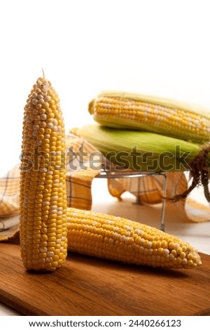 Cutting board with two ears of ripe sweet corn and yellow towel on vintage white wooden background. Cobs with white and yellow grains. Fresh ears of corn with green leaves on background. 
