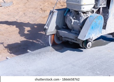 Cutting Concrete Slab With Diamond Saw Blade Machine