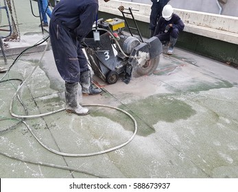 Cutting Concrete Slab With Concrete Saw