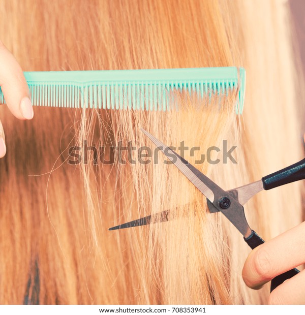 Cutting Down Shearing Concept Blonde Woman Stock Photo Edit Now
