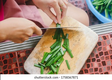 Cutting Garlic chives or Leek, Chinese chives, Oriental Leaves - Shutterstock ID 1758367871