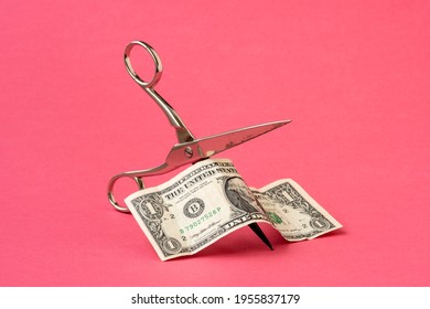 Cutting one dollar with scissors on pink background. Concept on the topic of devaluation of money. 