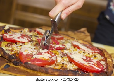  Cutting Paleo Vegetarian Freshly Baked Homemade Pizza, Closeup