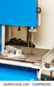 The Cutting Part Of The Band Saw With Adjustable Guide Rails For Precise Material Processing. Close-up. Vertical Image. Copy Space.