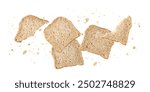 Cutting slices of wholegrain wheat bread with crumbs flying isolated on white background. Toast bread pieces. Healthy food collection.