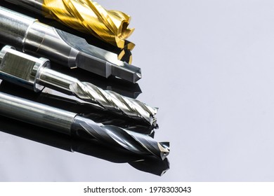 cutting tools special set. Drill, endmill, reamer, burnishing. spiral right hand. material Carbide and high speed steel, coating Titanium nitride. for steel, aluminium. isolated on back background. - Shutterstock ID 1978303043