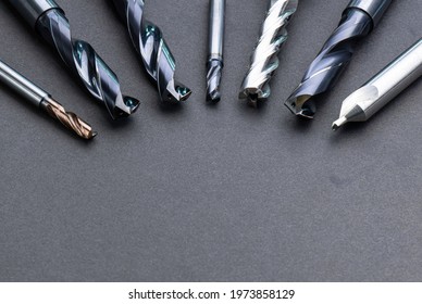 cutting tools special set. Reamer, end mill, drill. material Carbide and high speed steel, coating titanium aluminum nitride. isolated on black background.