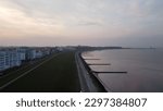 CUXHAVEN, DE - Apr 10, 2023: An aerial view of Cuxhaven beach at sunset in Cuxhaven, Germany
