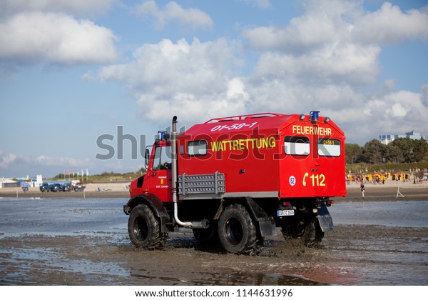 Cuxhaven, Germany\
- July 22, 2018: special emergency van for rescueing people out of\
the mud flat in case of\
accident