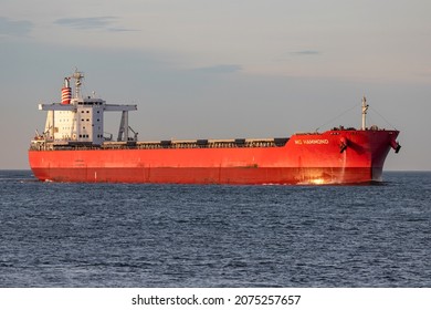 CUXHAVEN, GERMANY - OCTOBER 29, 2021: bulk carrier MG HAMMOND on the river Elbe