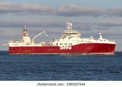 CUXHAVEN, GERMANY - OCTOBER 30, 2019: DFFU Fishing Trawler Factory Ship CUXHAVEN On The River Elbe