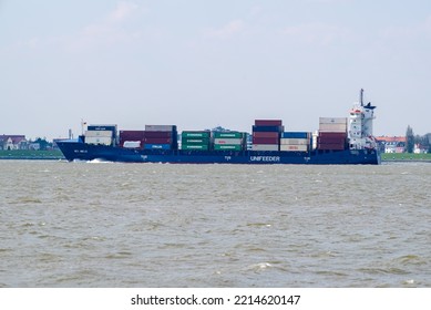 Cuxhaven, Niedersachsen Germany - 05 02 2018: View Of The Container Ship Wes Amelie Powered By Liquid Natural Gas (LNG) Off Cuxhaven In Germany